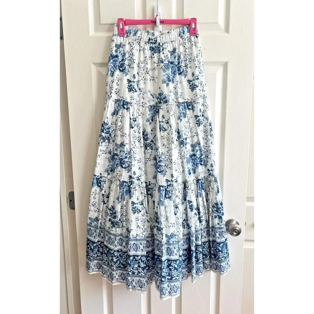 ZARA Women's 100% Cotton Blue White Floral Voluminous Tiered Maxi Skirt Sz XS-S